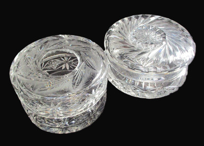 Vintage Cut Glass Vanity Set 5'' Powder Jar & Hair Receiver Ornate Heavy Crystal