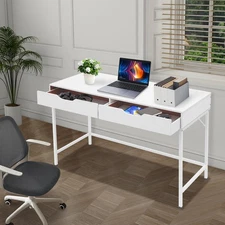 Modern Computer Desk with 2 Drawers Study Writing Office Desk Metal Frame