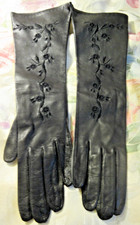 Vintage Soft Leather Black Gloves Floral Embroidered sz 6.5