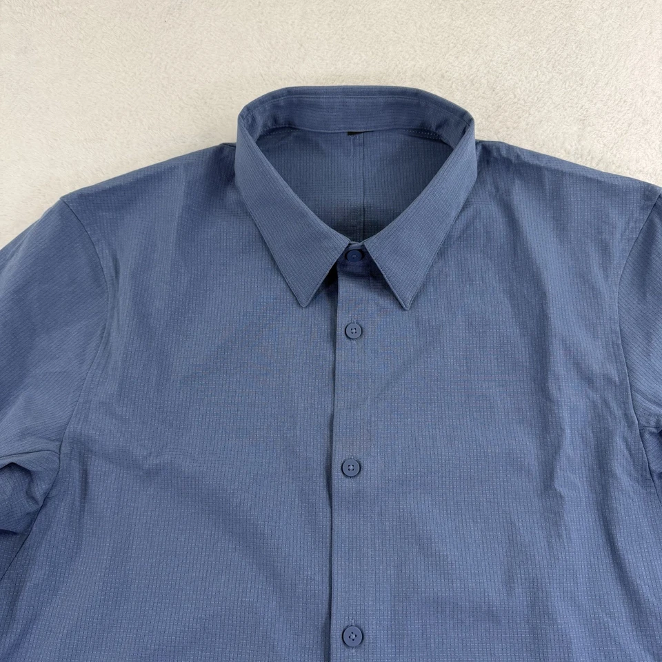 Lululemon Airing Easy Short Sleeve Shirt Blue Grid Button-Up Mens Medium Stretch - Image 2 of 4