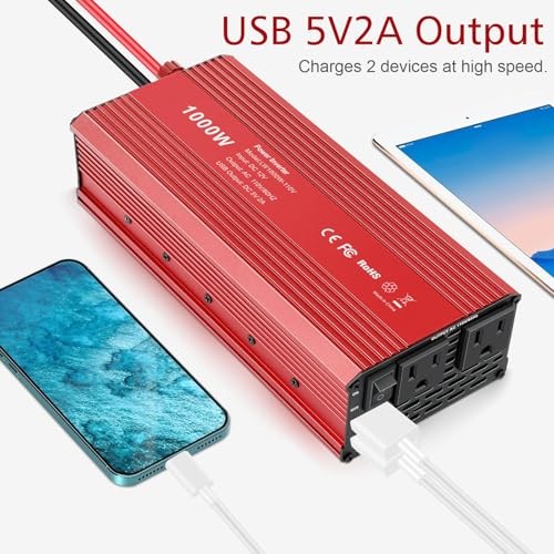  1000W/2000W(Peak) Power Inverter for Vehicles, DC 12V to 110V AC 1000W Red - Picture 7 of 8