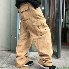 Men Cargo Pants Leisure Loose Baggy Long Multi-pockets Hip Hop Carpenter Pants H
