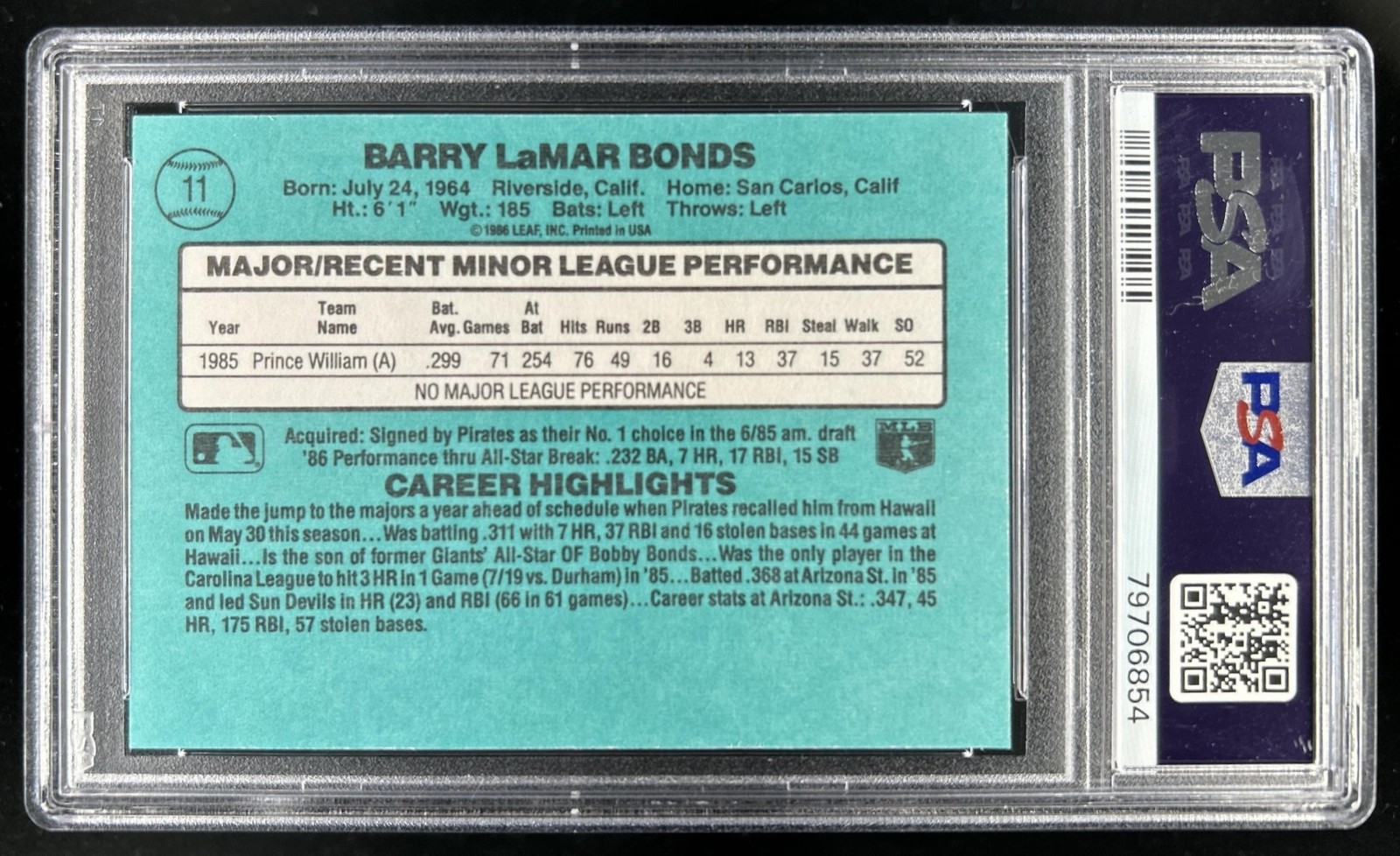1986 Donruss The Rookies Barry Bonds RC #11 Pirates PSA 8 Rookie view 2