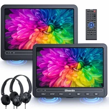 2 x 10.5" Dual Screen Car Headrest Moniter TV DVD Player USB AV IN OUT Battery