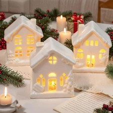 Ceramic Christmas Village Houses, 3Pcs LED Lighted Porcelain White Small House T
