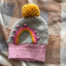 Kids Knit Beanie Hat Rainbow Pom Pom Gray Pink Cozy Winter Warm