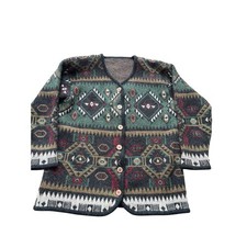 Vintage Aztec Blanket Green Gray Wool Cardigan Sweater Southwestern Ranch Small