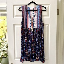 Umgee Navy Blue Boho Floral Sleeveless Dress with Tassel Tie, Pink, Red, Size M