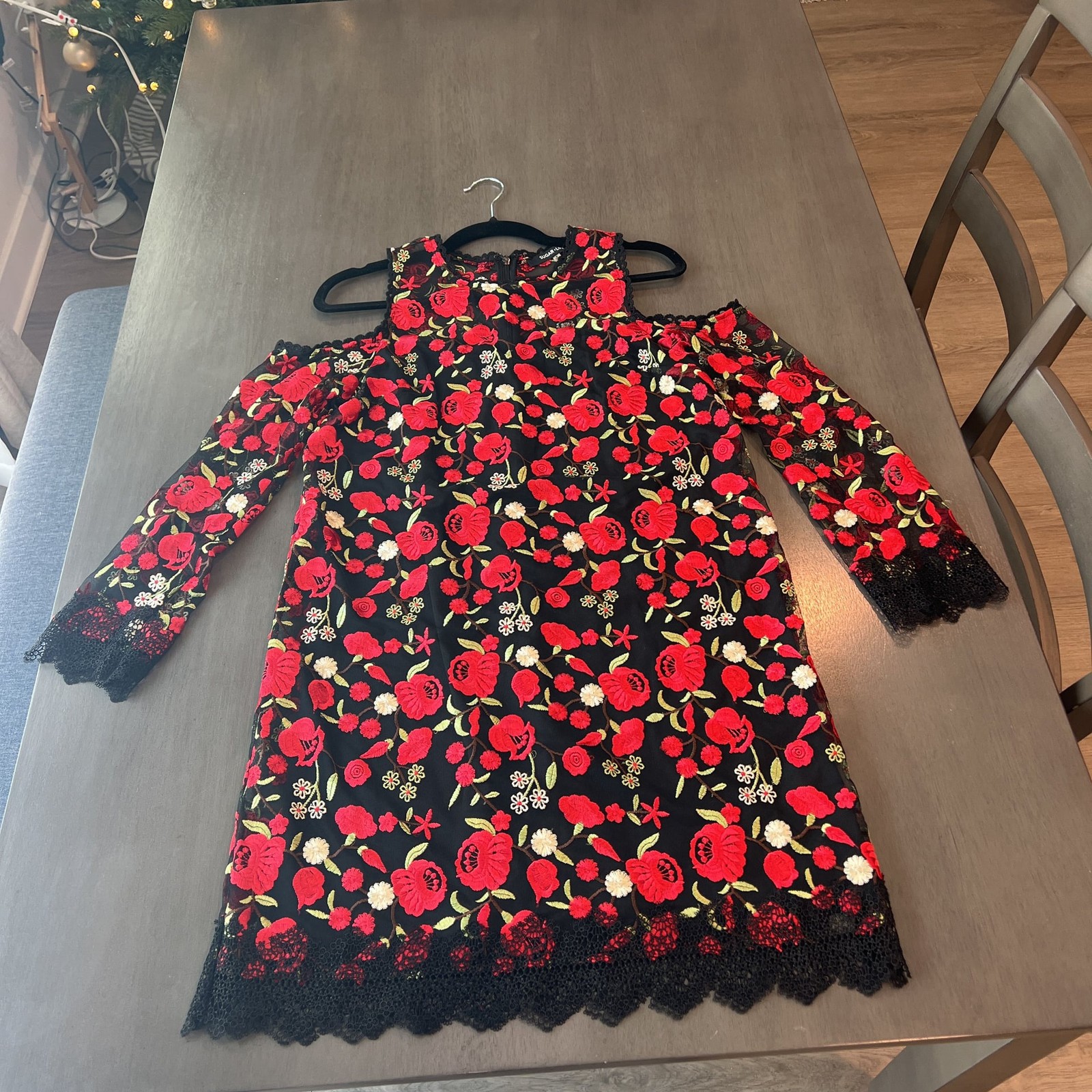 Sugar + Lips Women’s Cold Shoulder Dress Embroidered With Delicate Flowers Sma