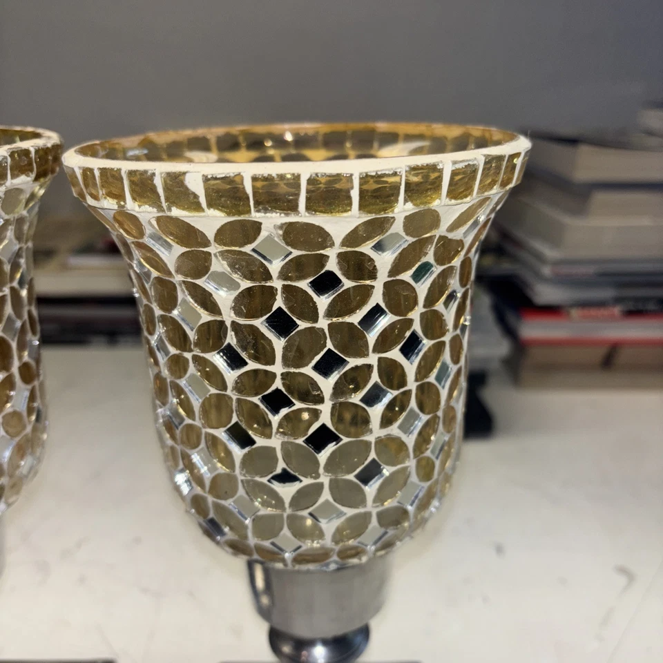 Mosaic Candle Holder 10” Silver Tiles Mirrored Hurricane Tulip Cup Set 2 T1-05 - Image 4 of 4