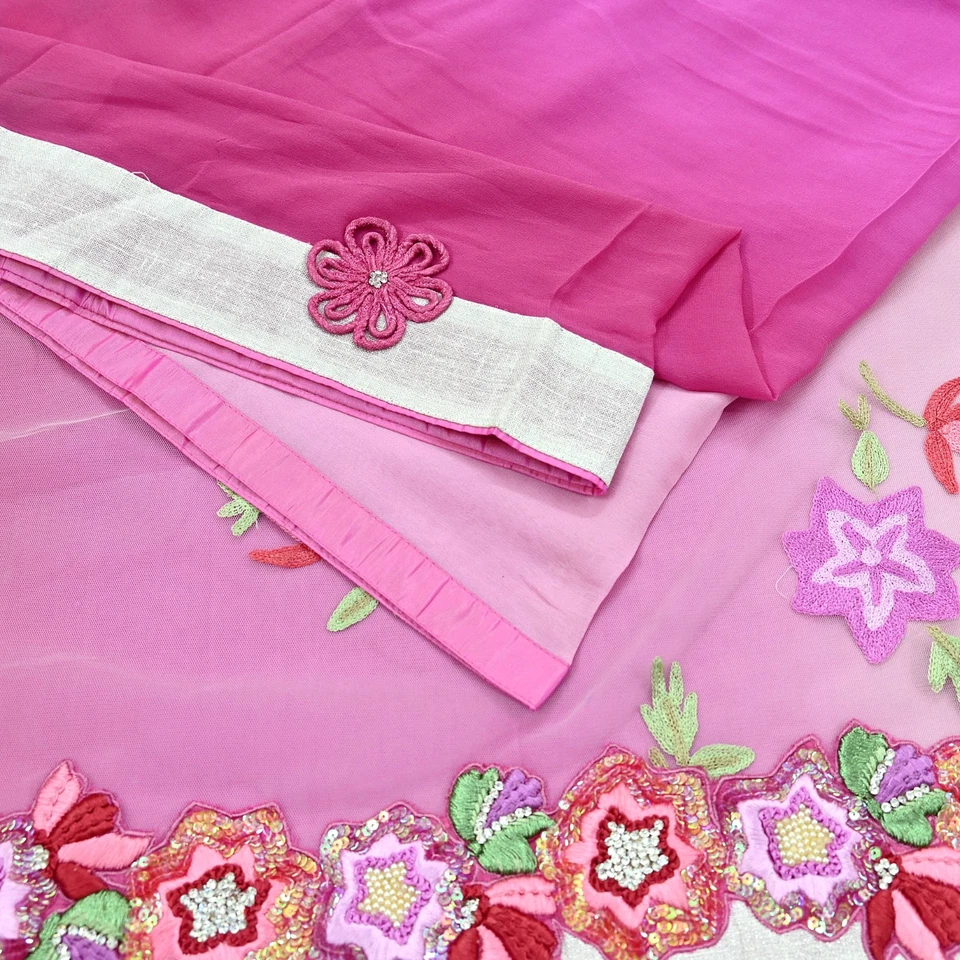 Tela sari vintage rosa y blanco pura seda/red con cuentas a mano 6 yardas Foto 3 de 4