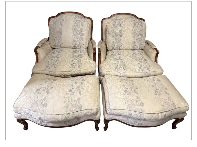 Sam Moore 20th Century Victorian winged back chairs with matching ottomans