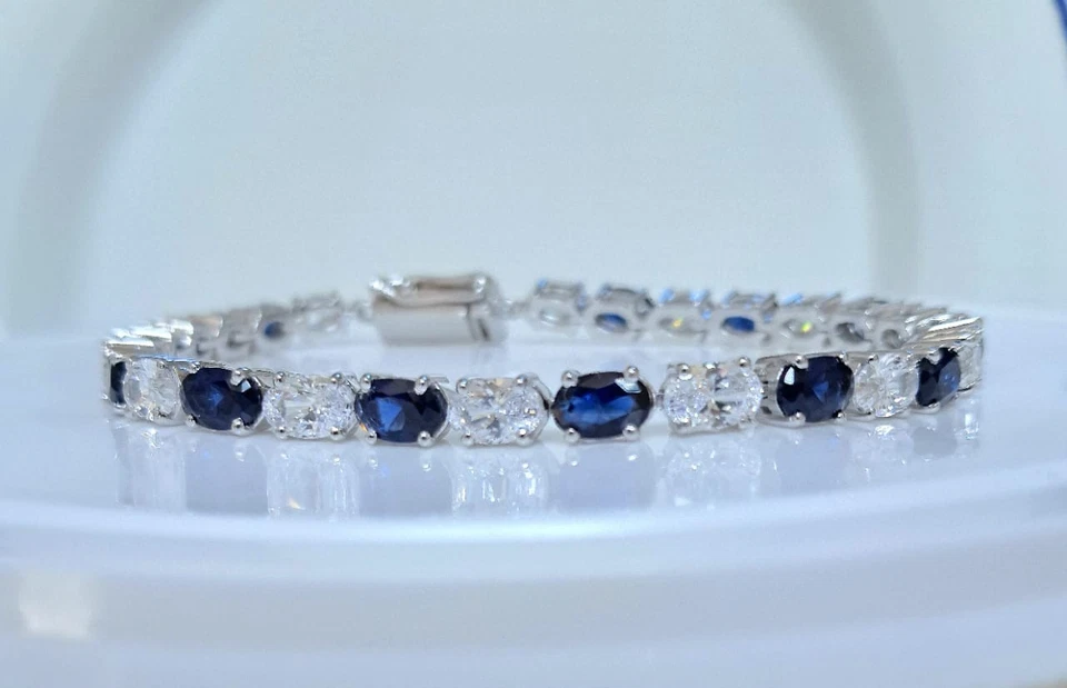 Blue Sapphire & Moissanite Oval Tennis Bracelet Platinum On Sterling Silver 7 In - Image 2 of 4