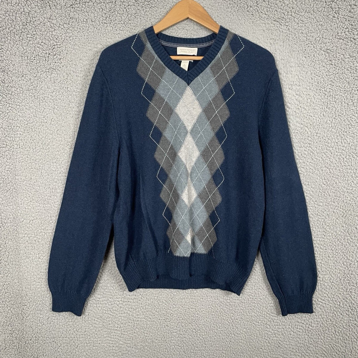 Banana Republic Sweater Mens XL Blue Argyle Golf Luxury Blend V Neck Grandpa