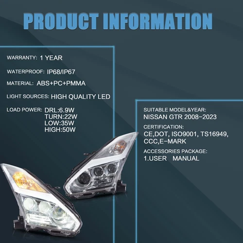 Faros LED completos para Nissan GTR R35 2009-2021 carcasa cromada con animación DRL - Imagen 9 de 10