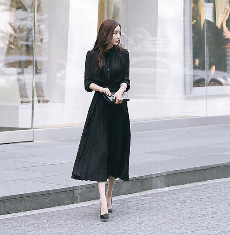 Women Chiffon Pleated Dress Lapel Collar Long Shirt Lace Up Office