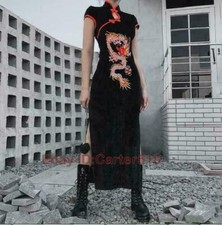 Womens Gothic Retro Chinese Style Dragon Embroidered Cheongsam Long Dress New