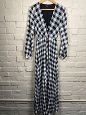 Guess Long Low Neck Dress Size UK 6 Black & White Check Maxi V Neck Long Sleeves