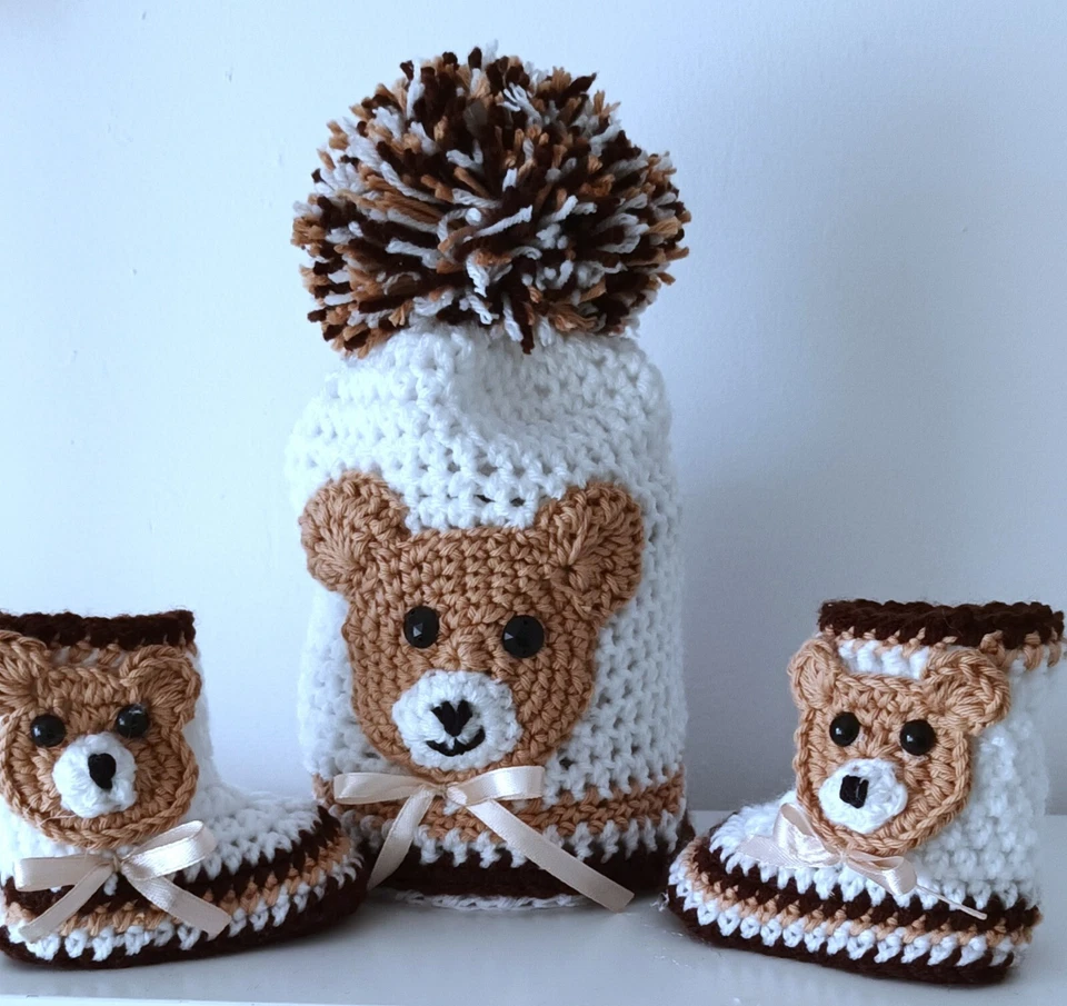 SOMBRERO Y ZAPATOS DE GANCHILLO PARA BEBÉ HECHOS A MANO CON BOTINES DE OSO BOTAS SUAVES CÁLIDOS  Foto 2 de 4