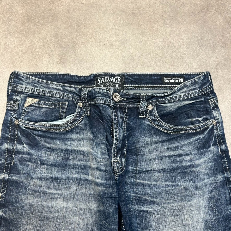Salvage Denim Jeans Mens 34" Straight Fit Wide Leg Vintage Pants, Washed Blue image 5