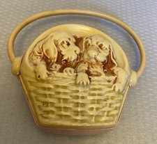 30s vintage Celluloid Baby Rattle Puppies in Basket Lightweight Toy Swing Handle