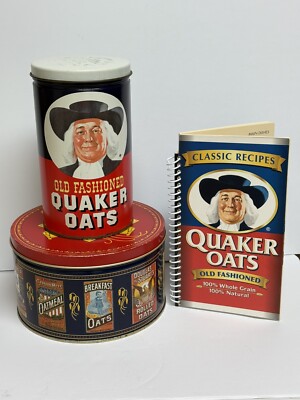 1982 & 1983 QUAKER OATS Tins & 2008 QUAKER OATS Classic Recipes Cookbook NICE