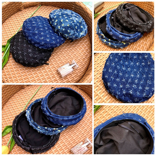 Women Denim Ripped Beret Cap Painter Hat Octagonal Hat Distressed Retro - Picture 3 of 10