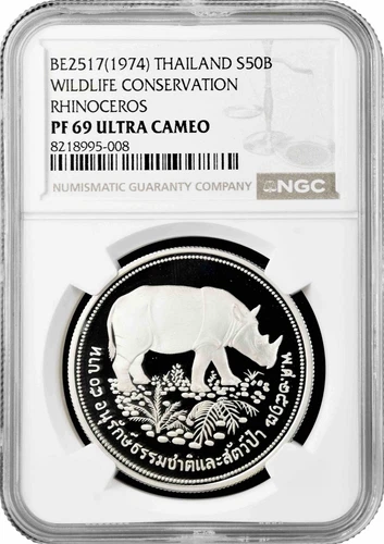 Thailand 50 baht 1974, NGC PF69 UC, "Environmental Protection - Rhinoceros"