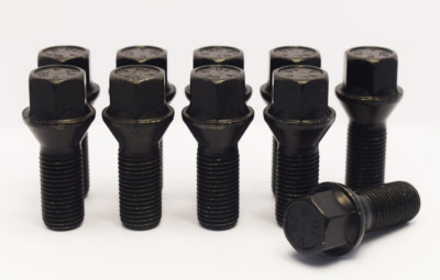 10 x M12 x 1.5, 45mm Thread, Tapered Wheel Bolts (Black)