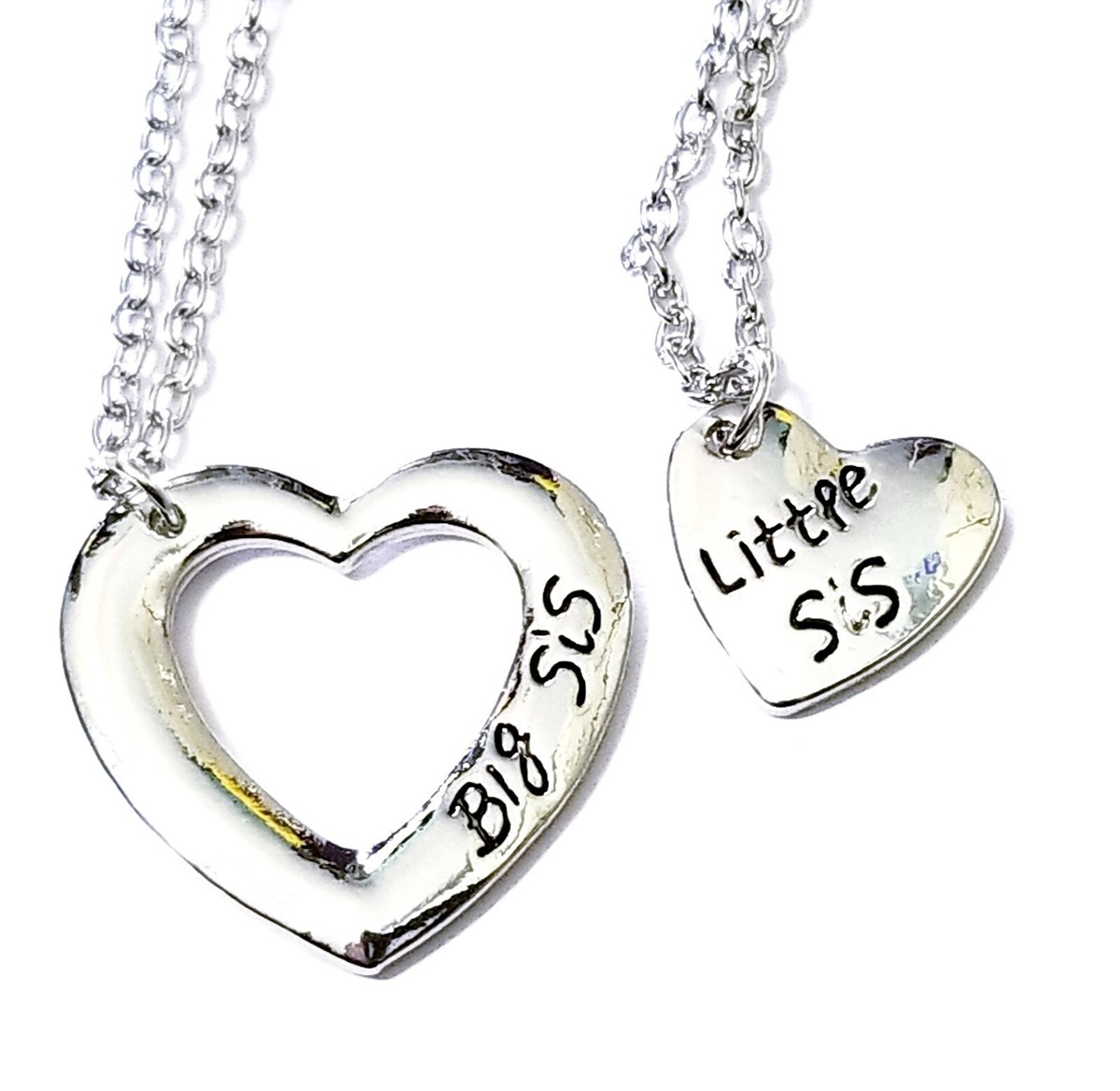 Silver Tone Big Sis Little Sis Sister Necklace Set of