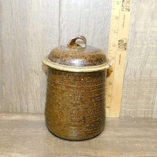 Vintage 1960s Stoneware Pottery Jar with Lid American Signed By Burckley 4.5"x7"