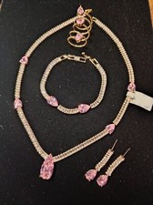 Women Necklace Earrings Bracelet Ring Set Pink Zircon Pendant Gold Gift Present