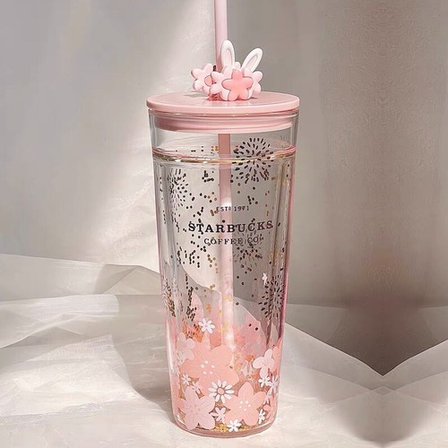Starbucks China 2023 Cute Rabbit Tumbler Pink Sakura 20oz Double Layer Glass Cup - Picture 1 of 11