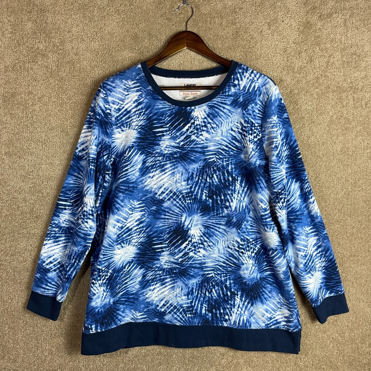 Lands' End Serious Sweats Sweatshirt Womens Size L 14-16 Blue Tie Dye  Crewneck