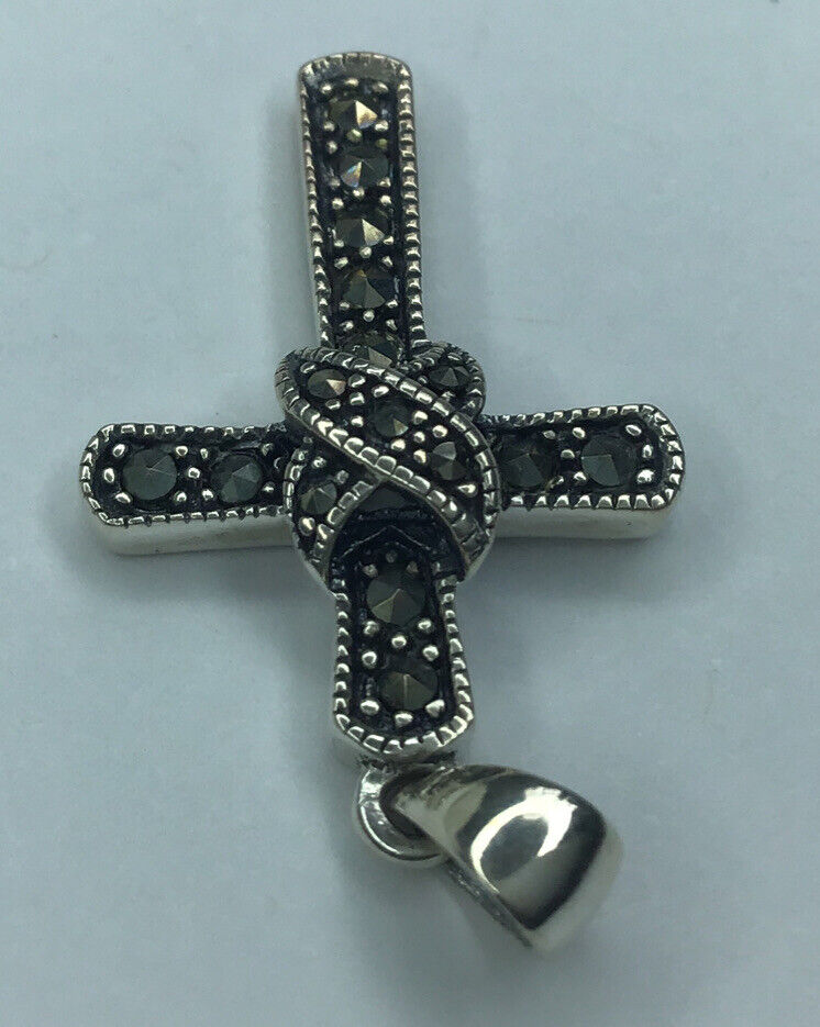 Fine Sterling Silver 925 Marcasite Cross Pendant … - image 3