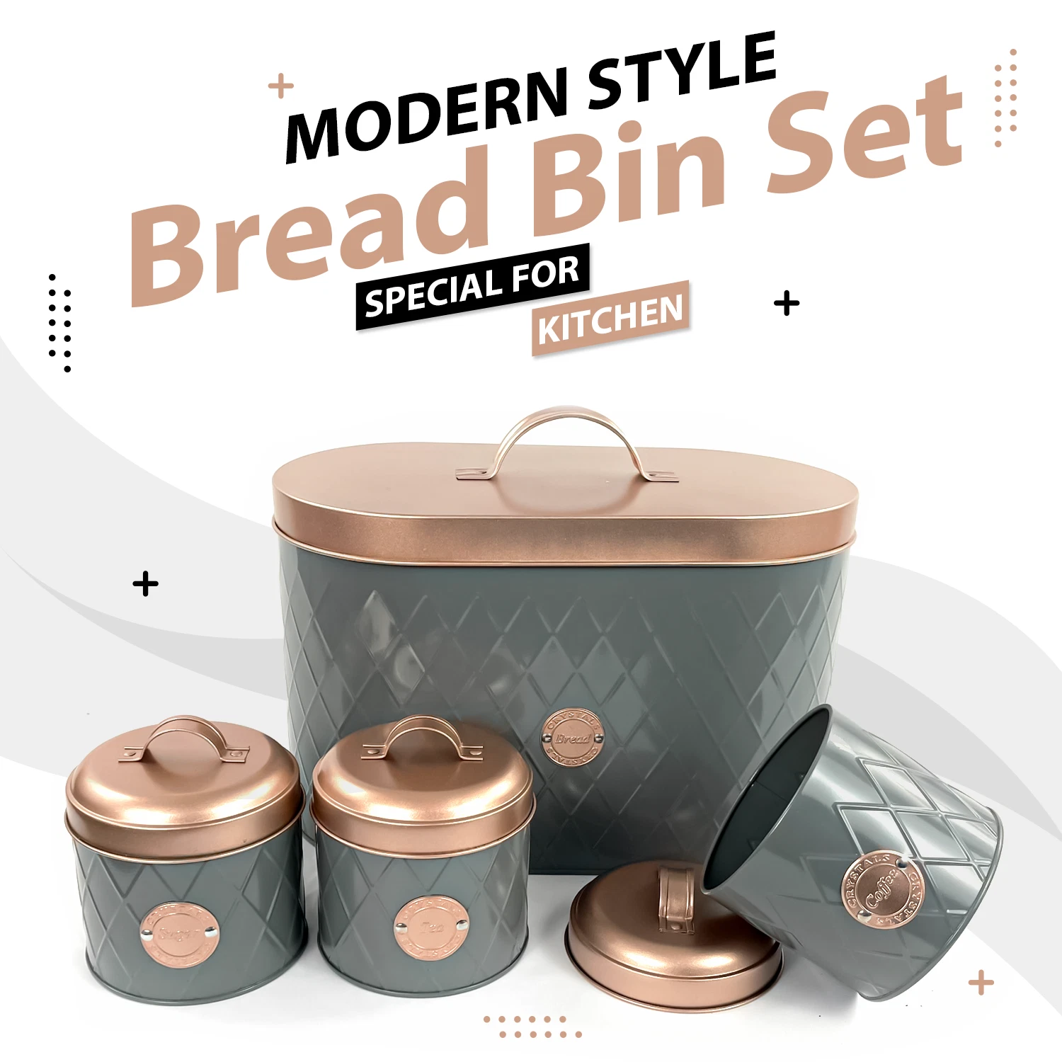 Grey 4pc Modern Classic Kitchen Sealed Handle Lid Bread Bin+ 3 Canister Set
Opens in a new window or