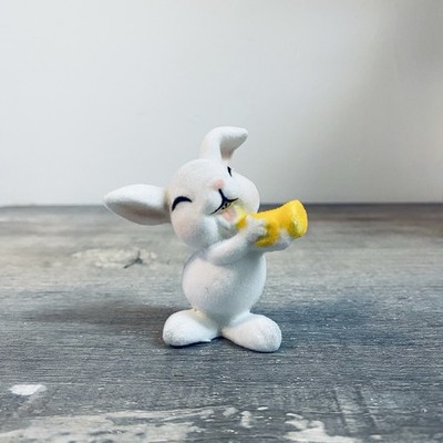 Vintage White Spring Easter Flocked Bunny Figure Play Trumpet Instrument