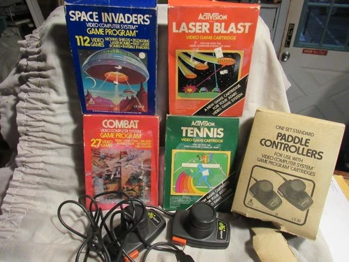 ATARI GAME LOT of 4 plus paddle controllers CX2632, CX2601, CX30