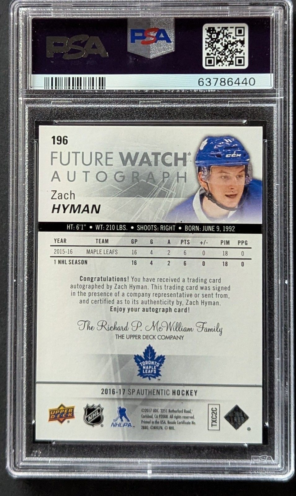 2016-17 Upper Deck SP Authentic Zach Hyman Future Watch Auto /999 PSA 9 #196 view 2