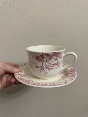 Vintage French Gien Chevrefeuille Cup & Saucer Red Floral Faience Mint Condition