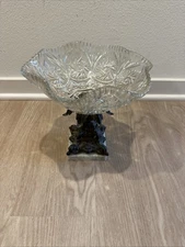 Vintage Monarch Crystal Centerpiece Bowl on Brass Marble Pedestal Without drops