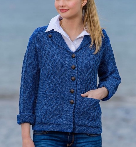 Aran Sweater Market Blue Merino Wool Cardigan Sweater Cable Knit Sz Xl Ireland - Picture 1 of 6