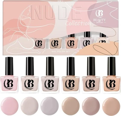 BEAUTY4BRITAIN Nude Nail Polish Set of 6 x Nude Neutral Colours 10ml Quick-Dry Long Lasting