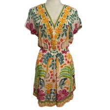 New With Tags Farm Rio Tropical Parrot Mini Dress XS Ivory Colorful Boho V-Neck