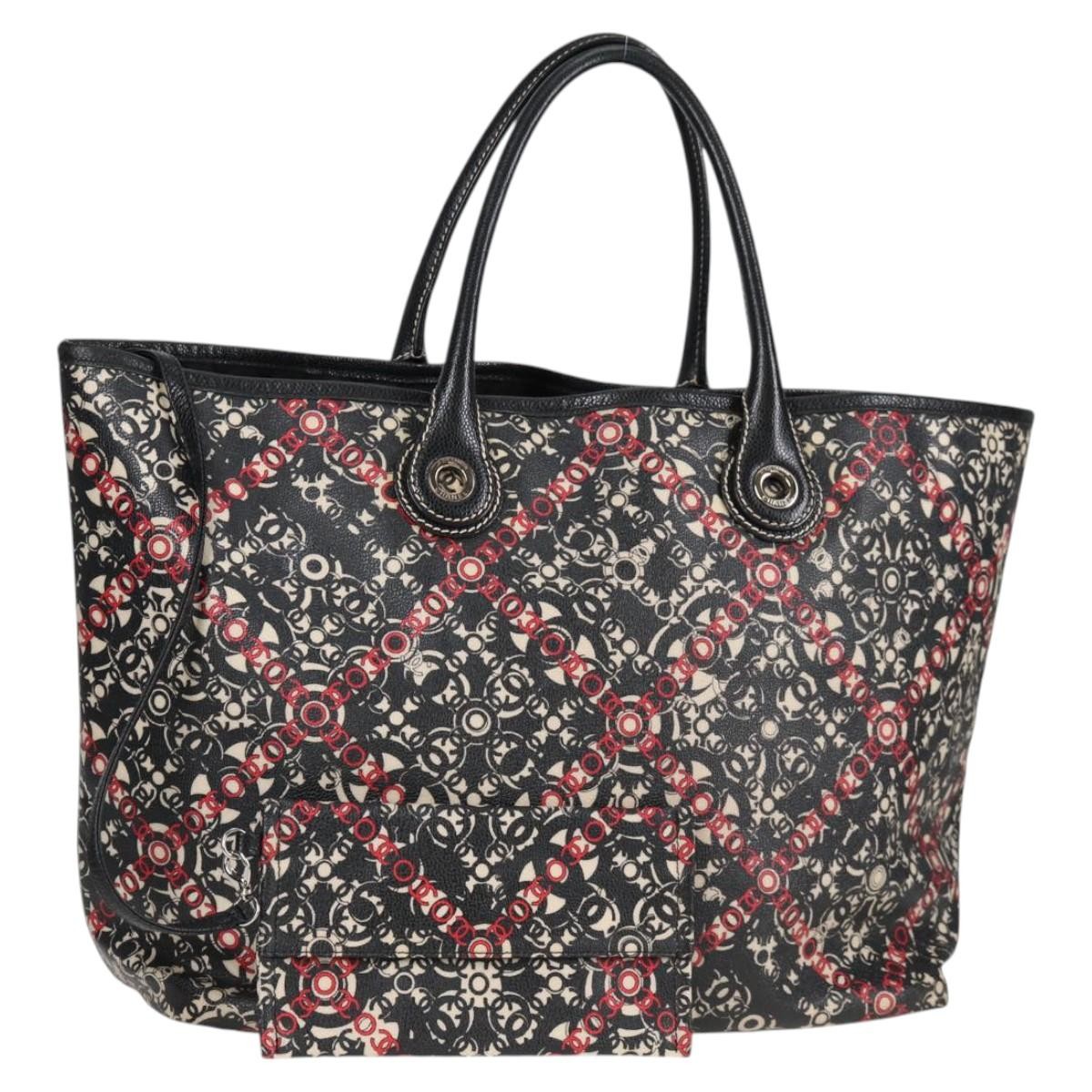 CHANEL Tote Bag PVC Canvas Black Silver CC Auth 122489V