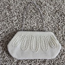 Vintage Beaded Sequin Evening MCM Clutch Purse Bag Kiss Lock Cream Japan FLAW