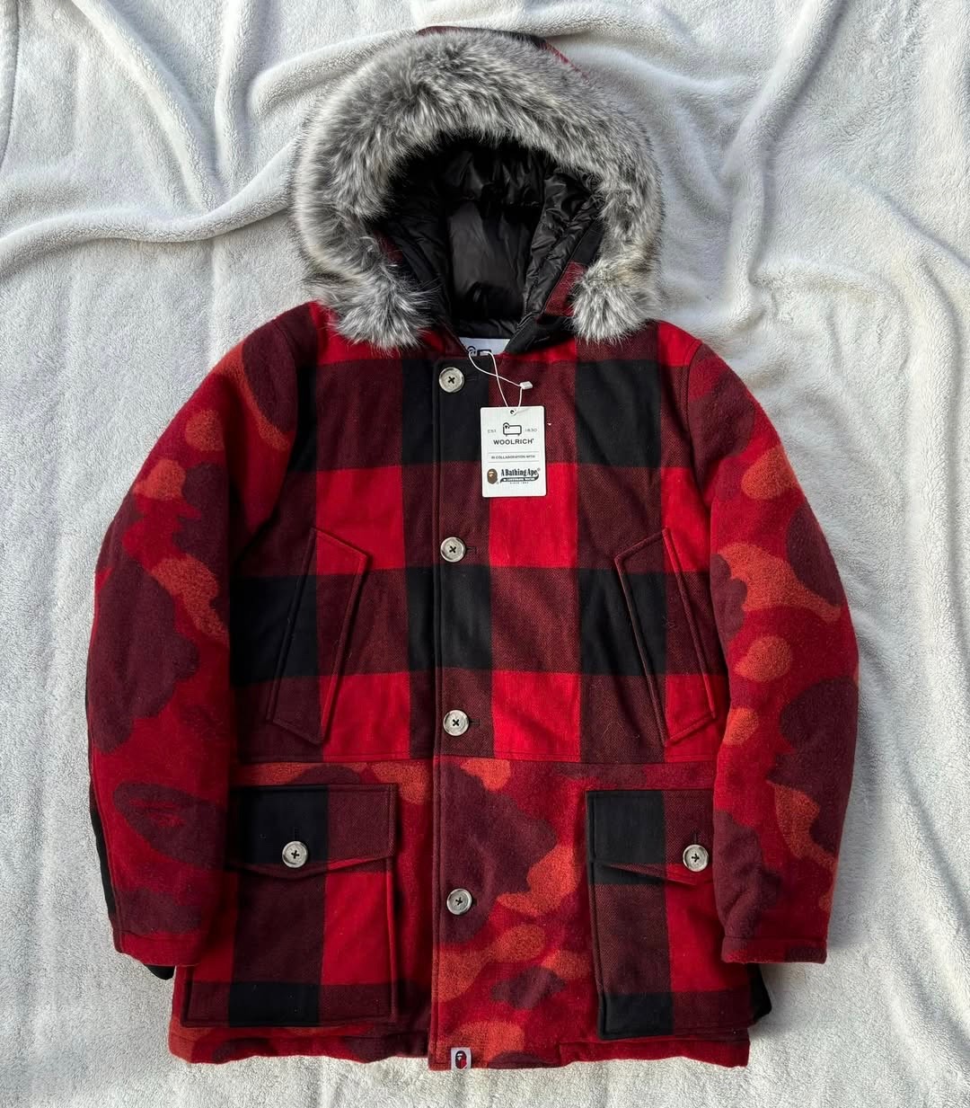 Bape Woolrich Red/Black Plaid Arctic Fur Parka Jacket - $1300 - New - Authentic