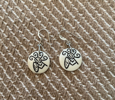 Venus Imports Drop Earrings French Wire, Round w/ Flute Player Print Ivory/Black