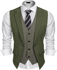 Mens Layered Suit Vest Business Dress Vests Formal Wedding Large Army Green