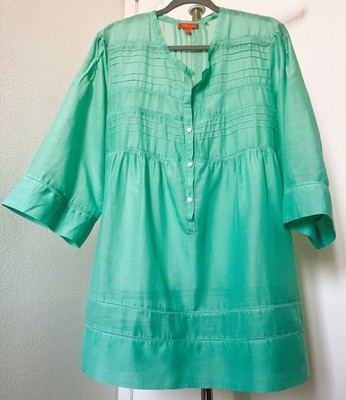 Relax Tommy Bahama Cotton Silk Blend Blouse Women s Large Aqua Blue Italy Made